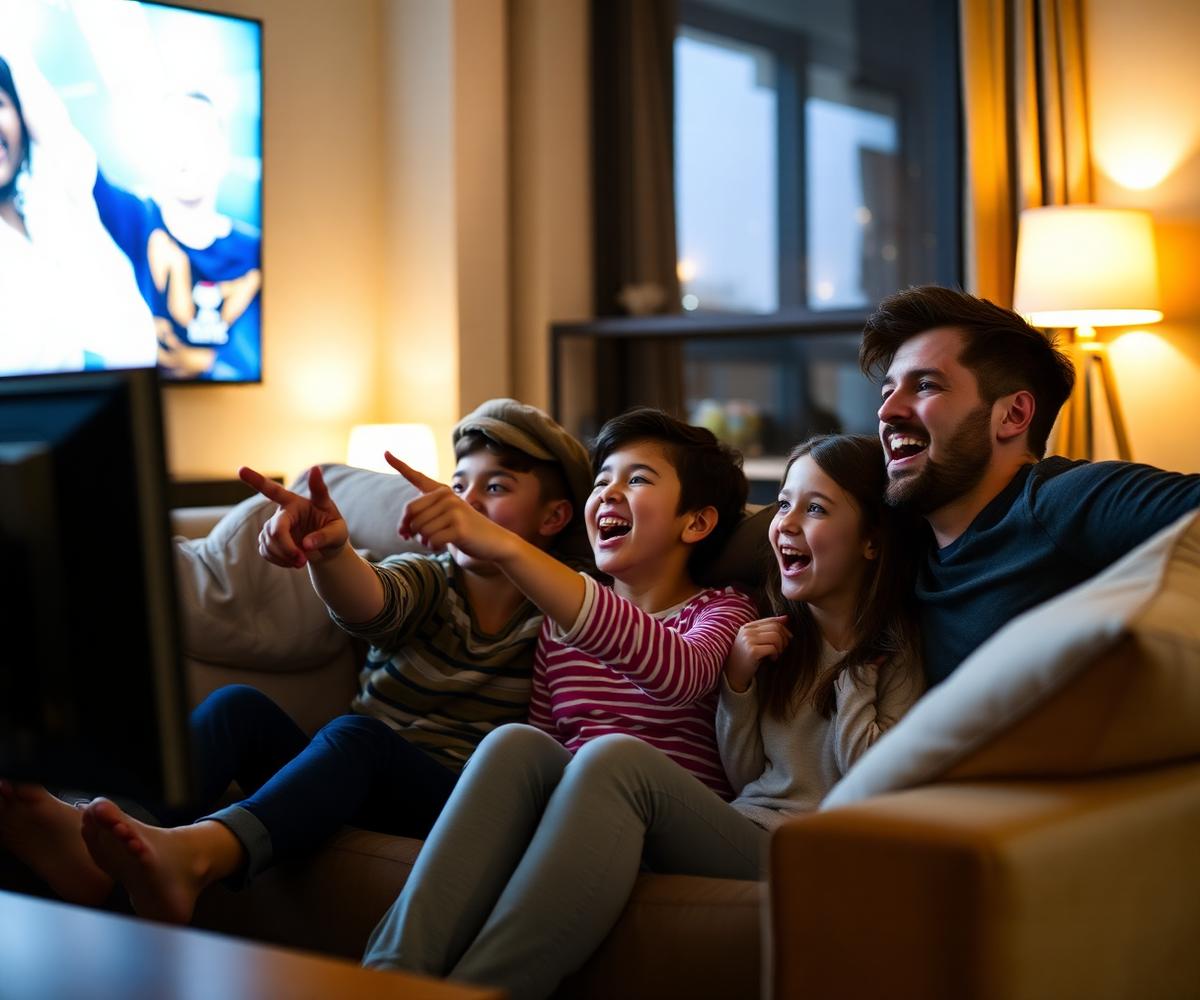 Família assistindo TV em casa